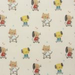 Toile cirée_chien-chat à trottinette_beige clair-jaune-pétrole