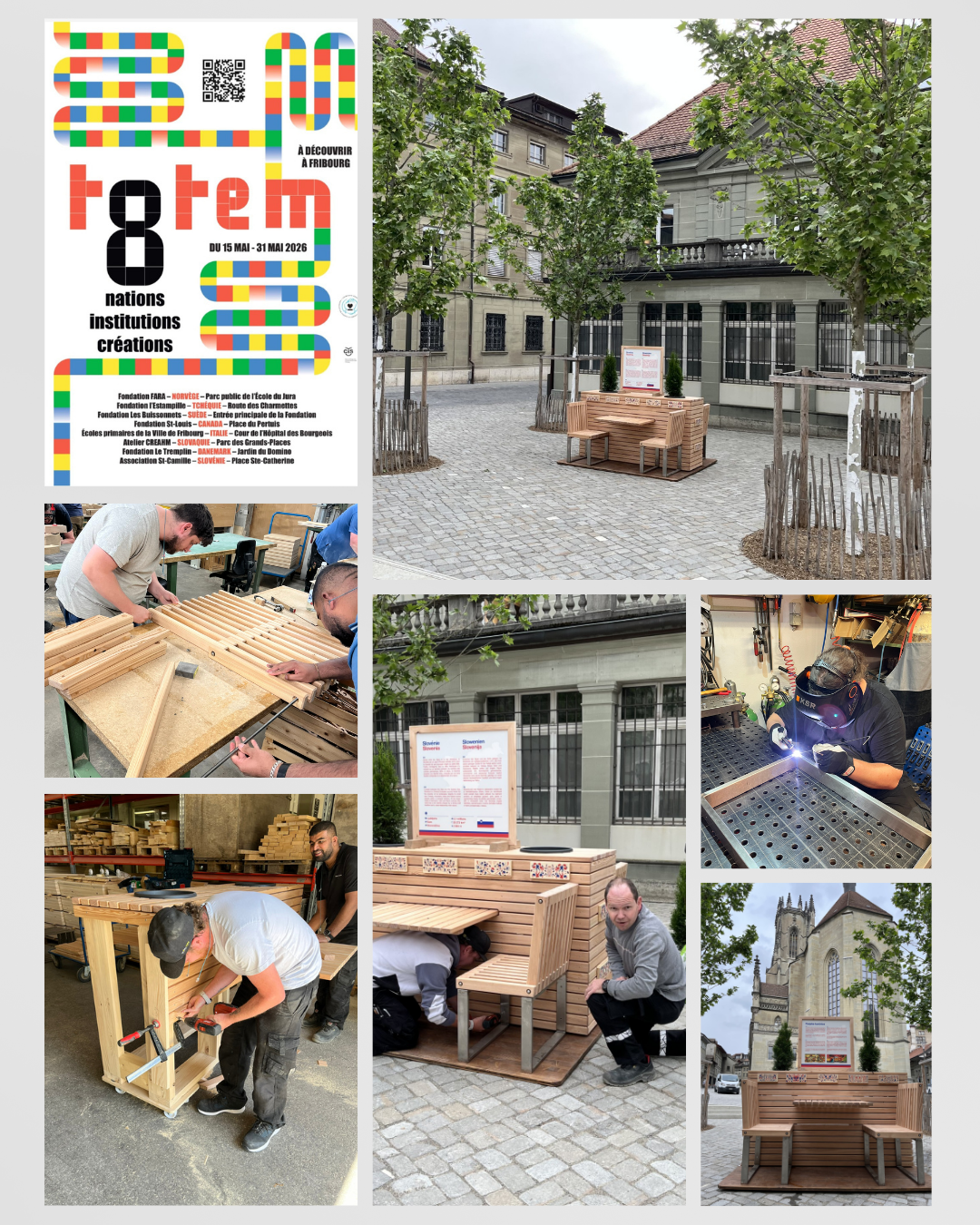 Ateliers de menuiserie de l’Association St‑Camille créant et installant des totems colorés inspirés de la Slovénie pour un projet de mobilier urbain à Fribourg durant les Championnats du monde de hockey.