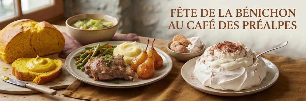 Bannière présentant les plats traditionnels de la Bénichon du Café des Préalpes, avec une tranche de cuchaule et moutarde de Bénichon, un gigot d'agneau accompagné de poires à Botzi et de purée, ainsi qu'une meringue généreusement nappée de crème double.