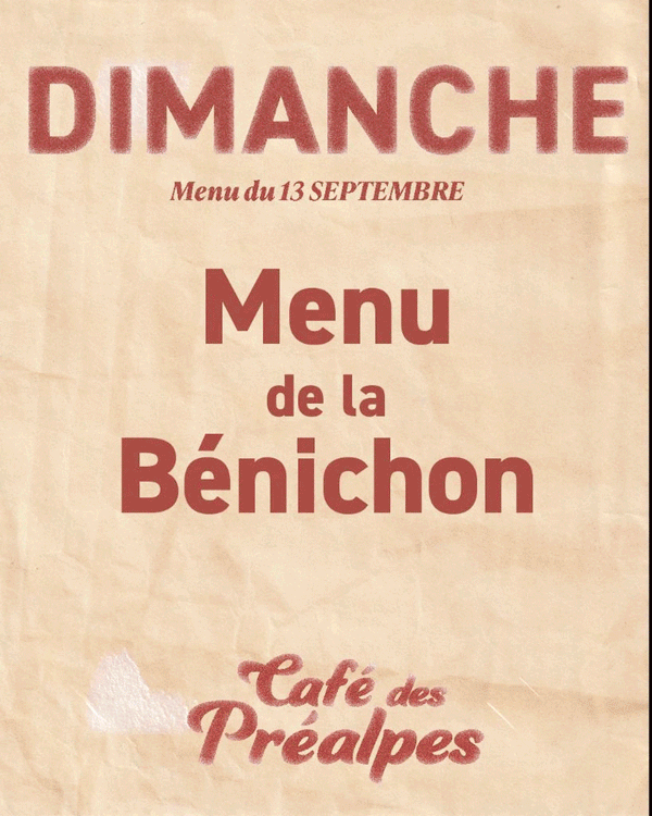 Animation présentant le menu de la Bénichon du Café des Préalpes, débutant par l'affiche du dimanche et s'ouvrant sur les plats traditionnels et gourmands.